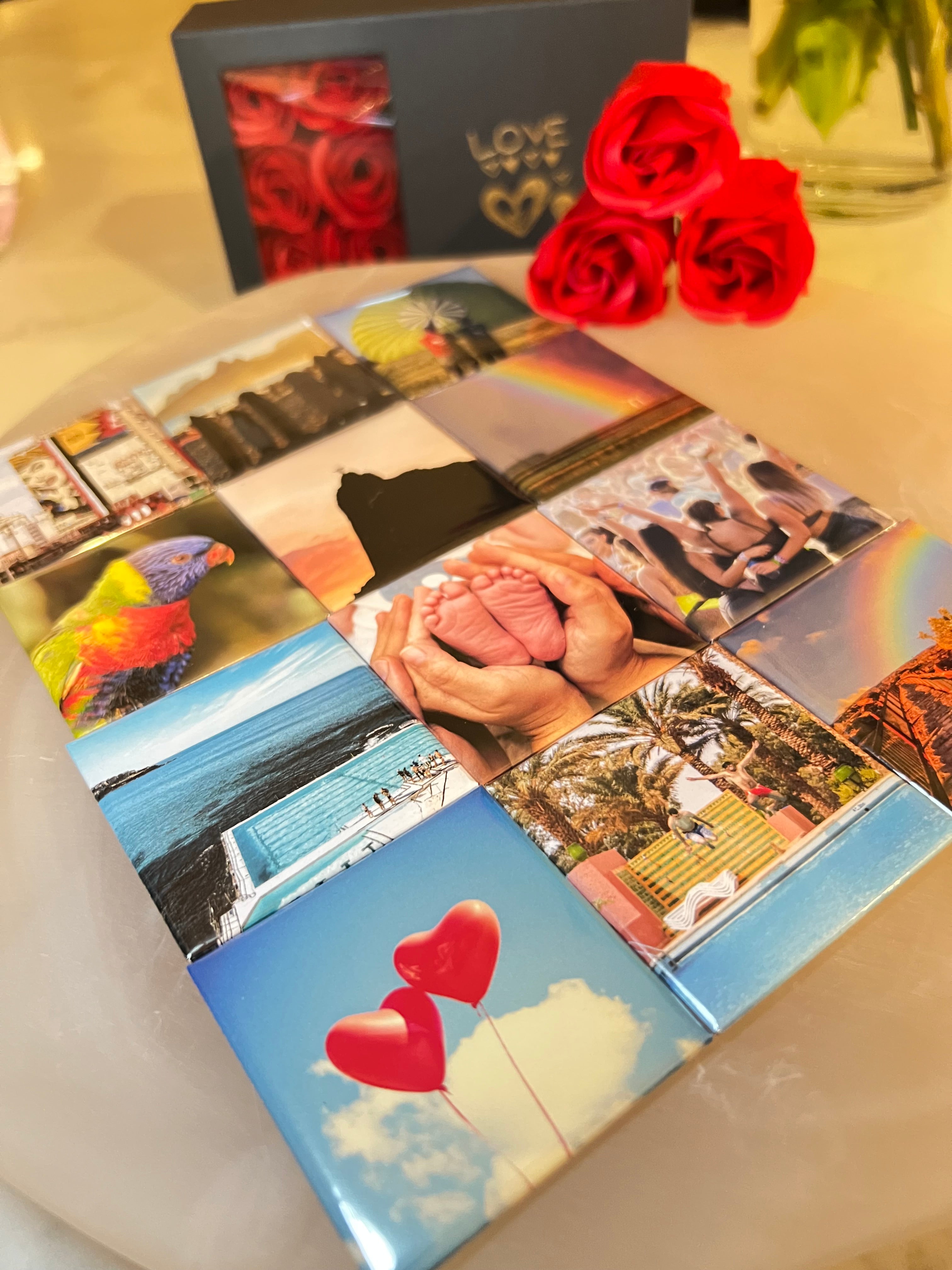 Personalised square and rectangle photo magnets for wedding favours, family moments, business and more.
