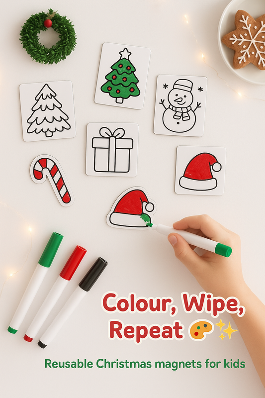 Christmas themed reusable colour-your-own magnets displayed on a fridge with dry erase markers and a child colouring the festive designs.