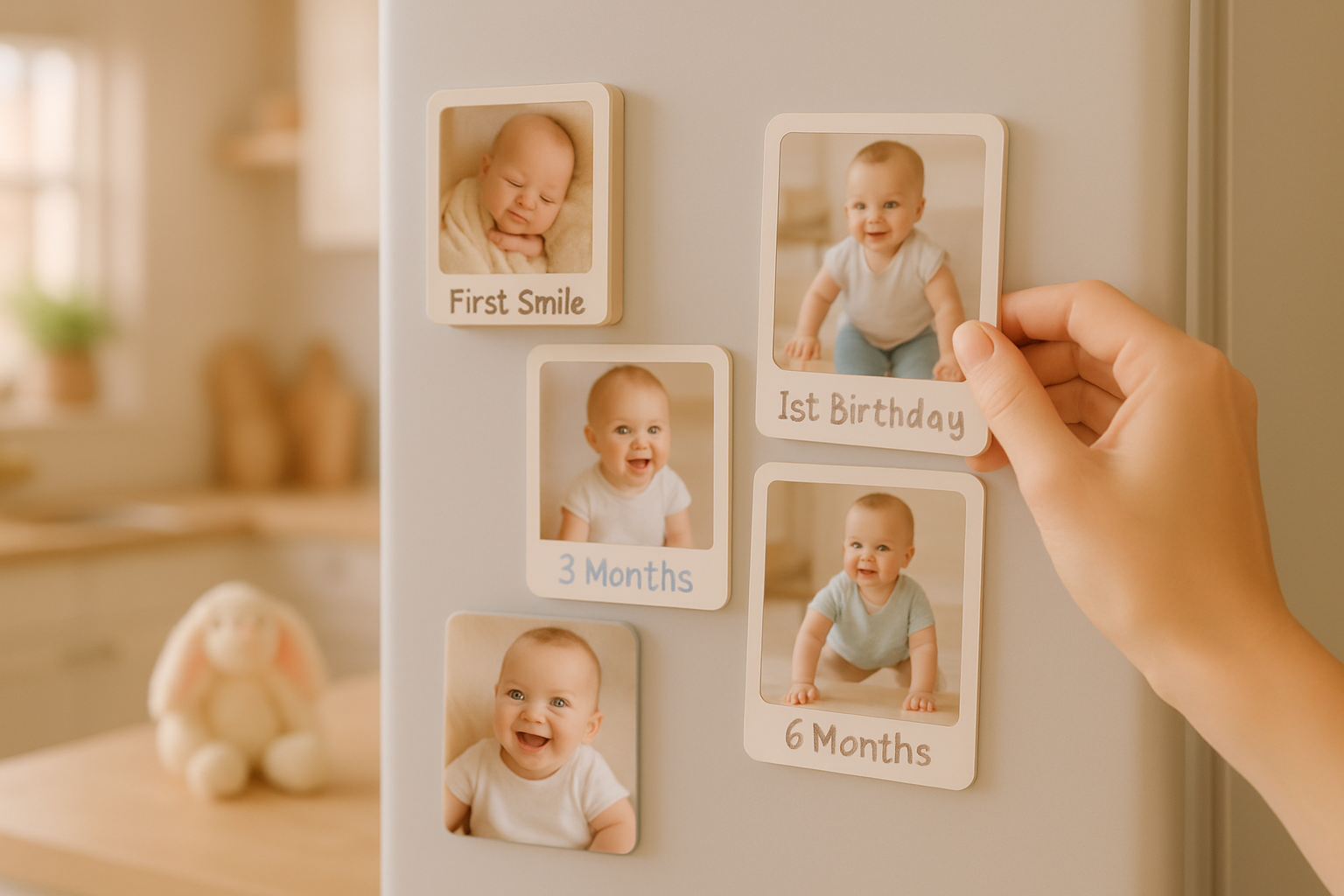 Fridge decorated with baby milestone photo magnets showing first smile, crawling, and first birthday moments. Personalized baby keepsake gift idea.
