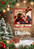 Christmas-themed photo frame with family photo, decorated Christmas trees, and ornaments.