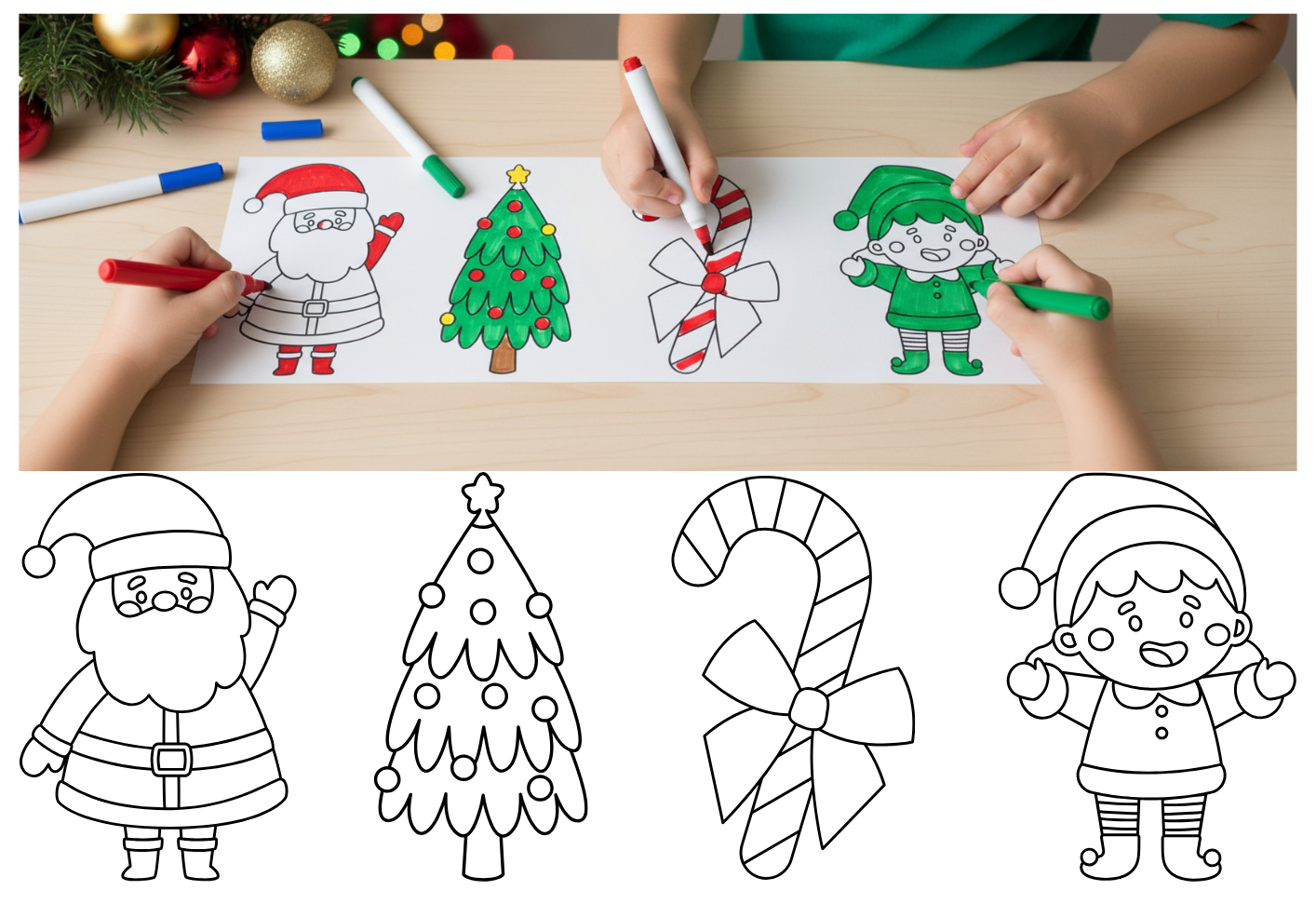 Children coloring Christmas-themed pictures with markers on a table, surrounded by Christmas decorations.