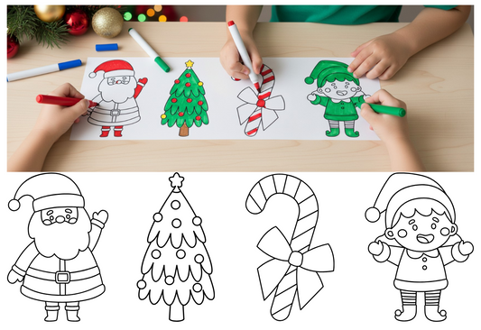 Children coloring Christmas-themed pictures with markers on a table, surrounded by Christmas decorations.