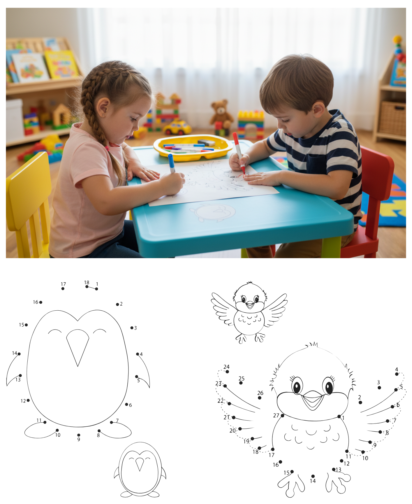 Two children sitting at a table with educational materials, including a penguin dot-to-dot activity sheet.