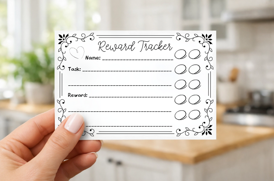 Hand holding a password tracker card with a kitchen background