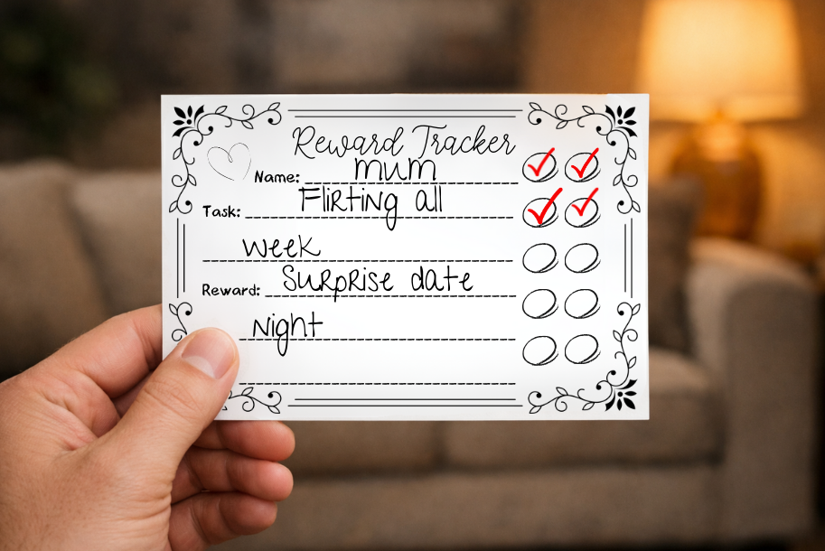 Hand holding a printed checklist with checkboxes and text in a home setting.
