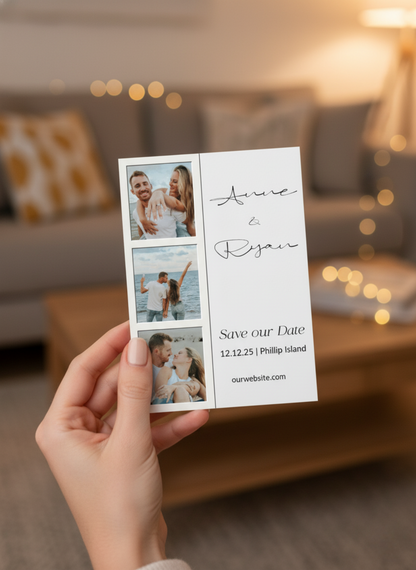 Hand holding a 'Save the Date' card with photos of a couple in a cozy living room.