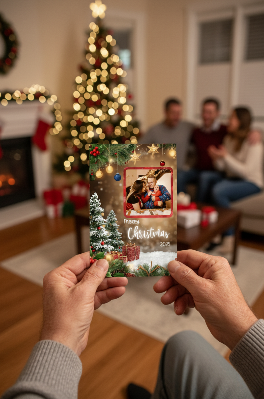 Person holding a Christmas card with a blurred background of a family in a living room.