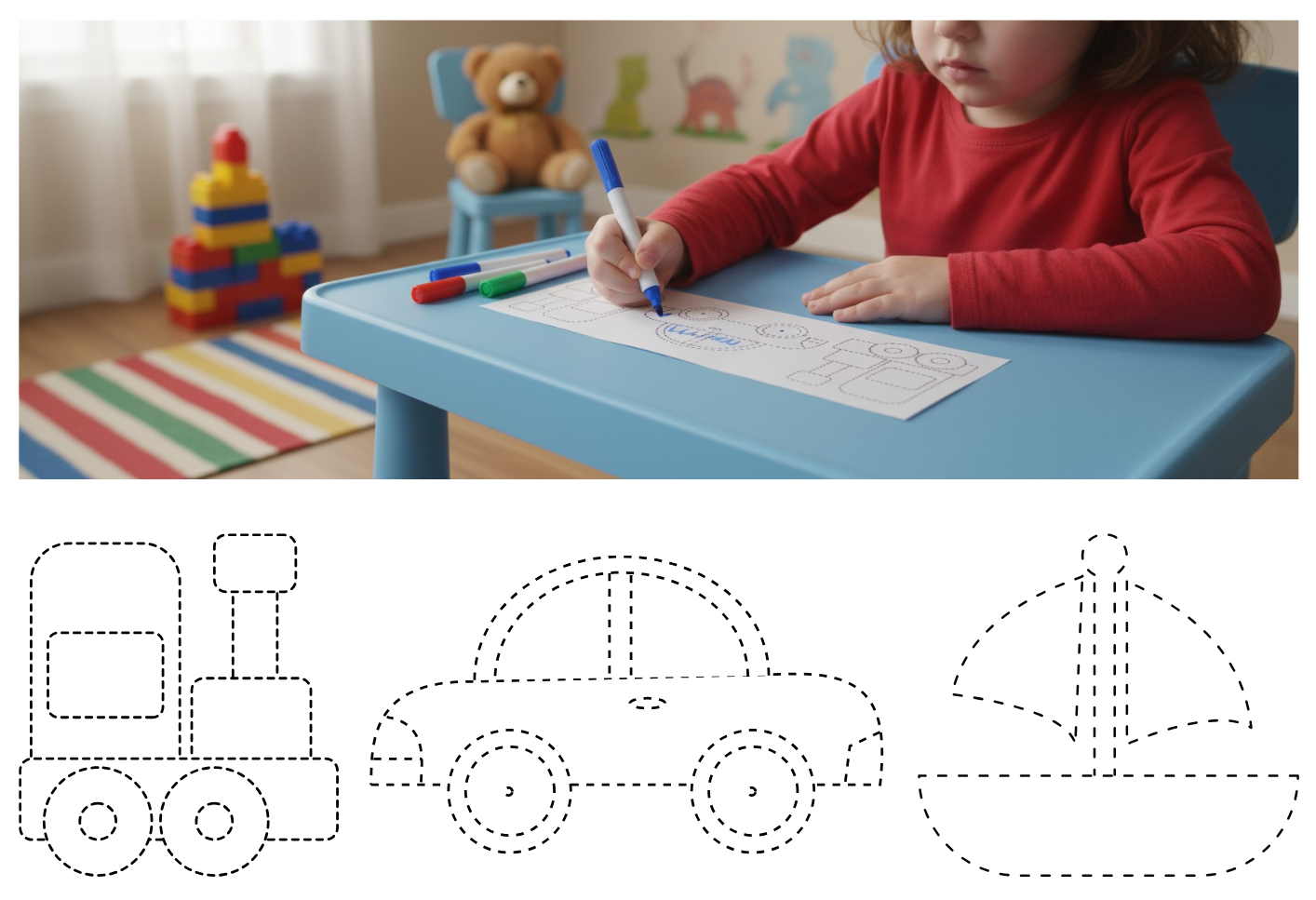 Child drawing at a table with toys in the background, including a train, car, and sailboat outline.